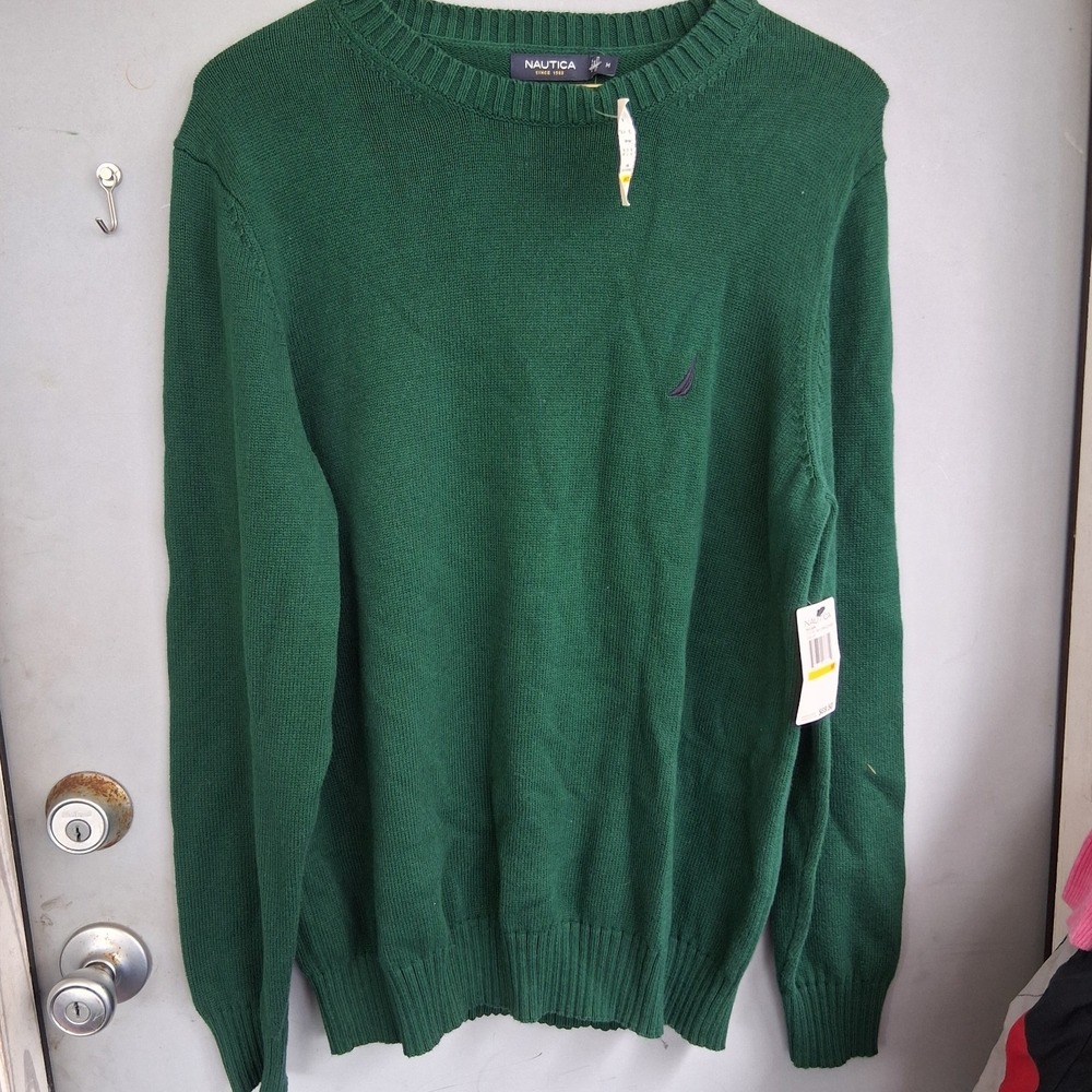 NWT Nautica Emerald Forest Green Sweater Navy Embroidered Logo Sailboat M Preppy